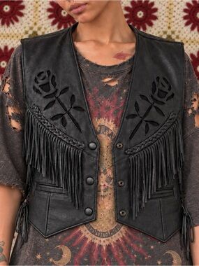 Vintage MOB Black Genuine Leather Fringe Western Vest Size 14